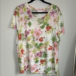 J. Jill White Floral Scoop Neck Short Sleeve Tee with Pink & Green